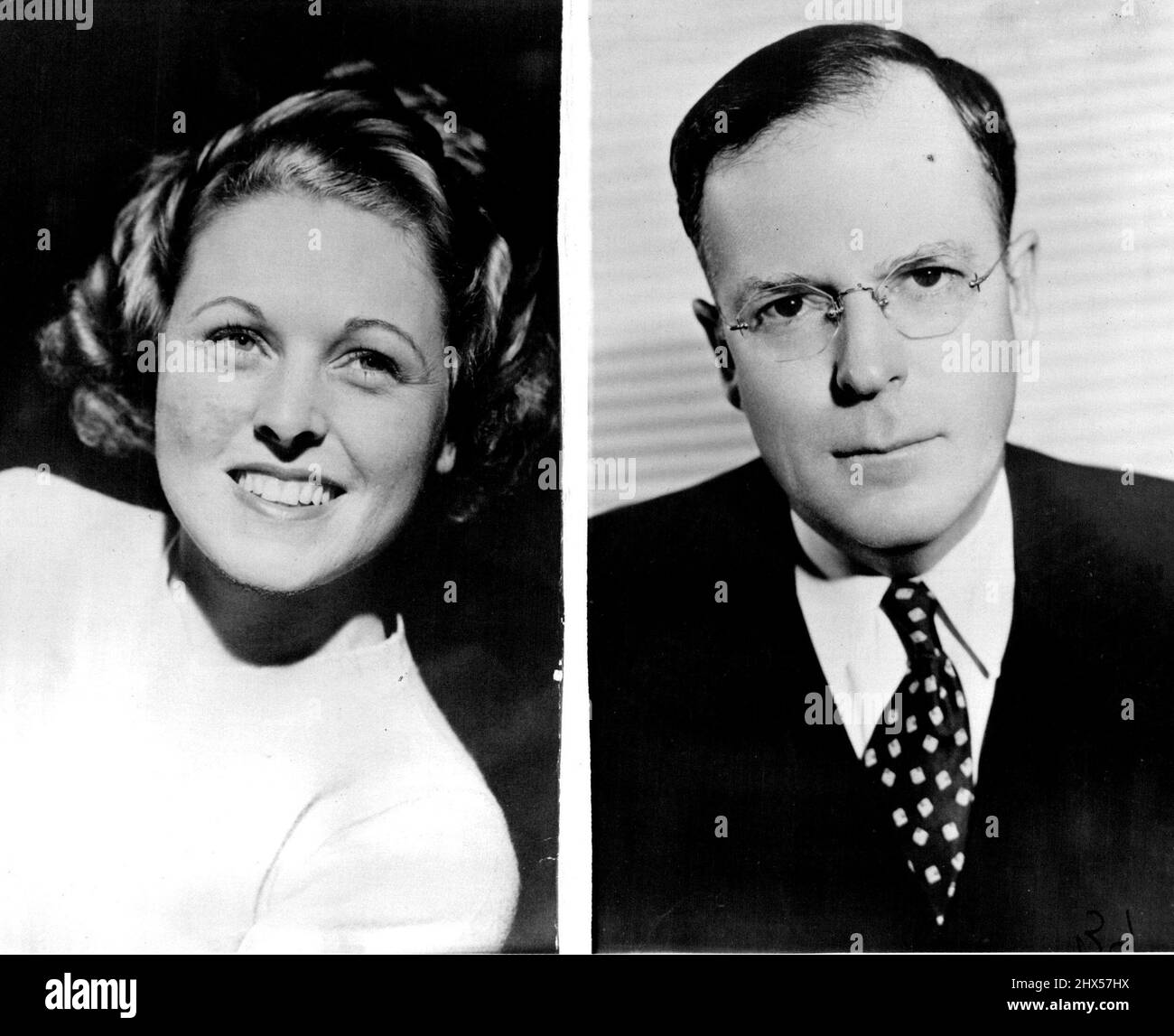 Amelia Earhart Mate To Wed Socialite -- Recent portraits of Mrs. Jean-Marie Consigny James and George Palmer Putnam. Mrs. Jean-Marie Consigny James, beverly hills socialite, whose divorce decree from William Robert James becomes final on May 18, and George Palmer Putnam, husband of the Late Amelia Earhart, plan to wed Early in June, friends of the couple have said. March 05, 1939. (Photo by ACME). Stock Photo