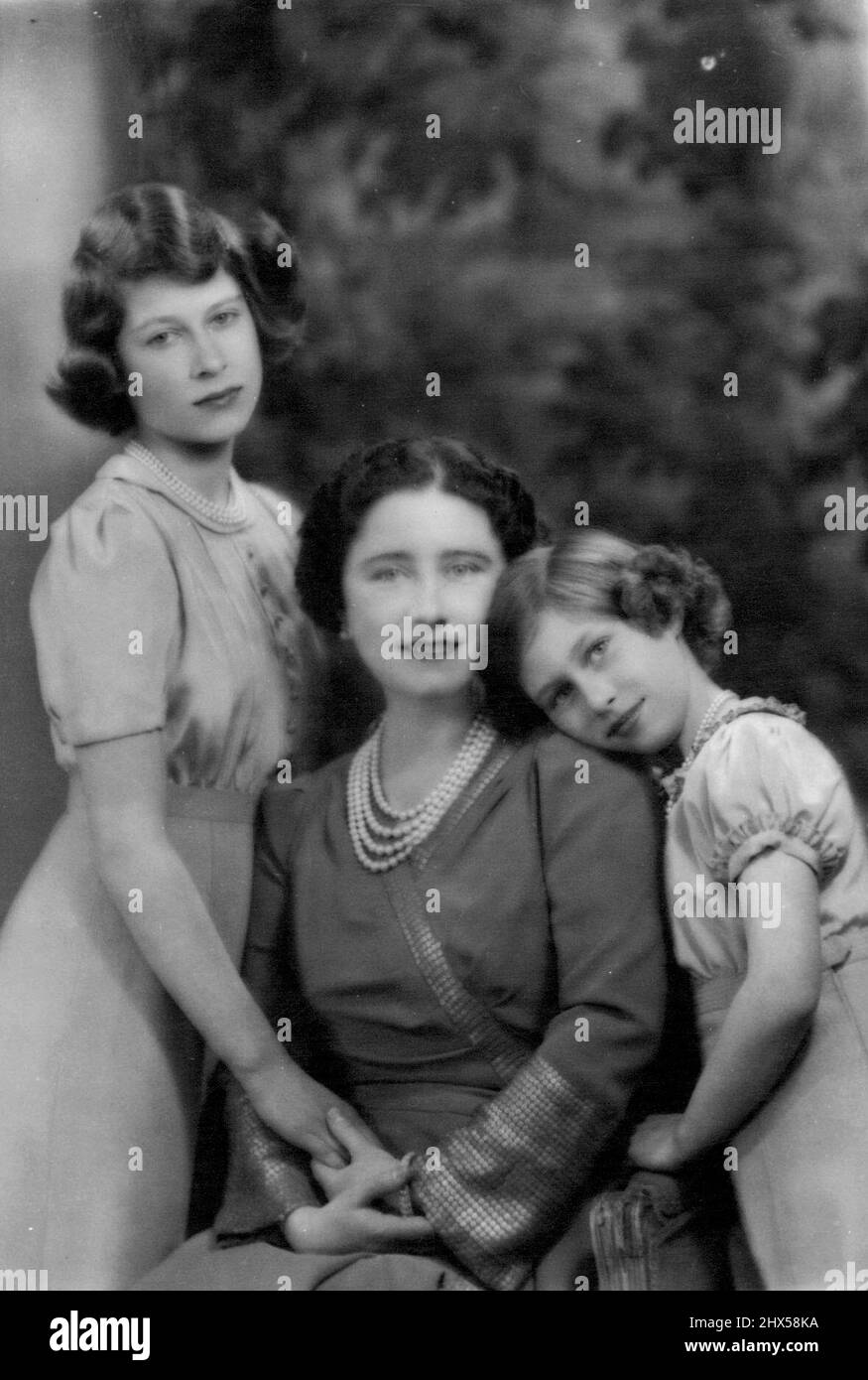 The Queen and Princesses Elizabeth and Margaret Rose. March 28, 1941. (Photo by Marcus Adams). Stock Photo