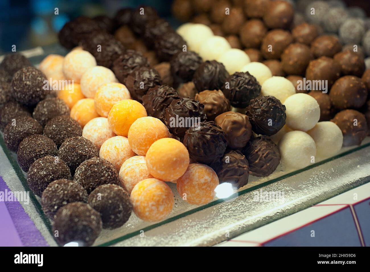Estonia, Tallinn, chocolates and chocolate truffles on display at cafe ...