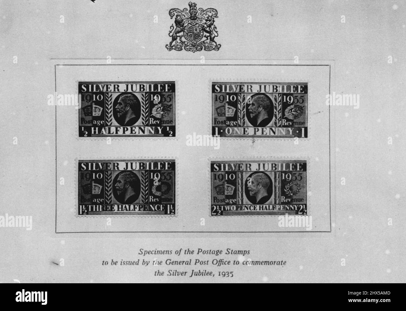 Specimens of the Postage Stamps to be issued by the General Post Office to commemorate the Silver Jubilee, 1935. Jubilee Stamps -- The new Jubilee stamps photographed at the G. P. O. to-day. A special series of stamps will soon be on sale to the general public for the Jubilee Season, and the G. P. O. is now busily engaged in allocating the new stamps to the post offices of Gt. Britain. May 20, 1935. (Photo by Topical Press). Stock Photo