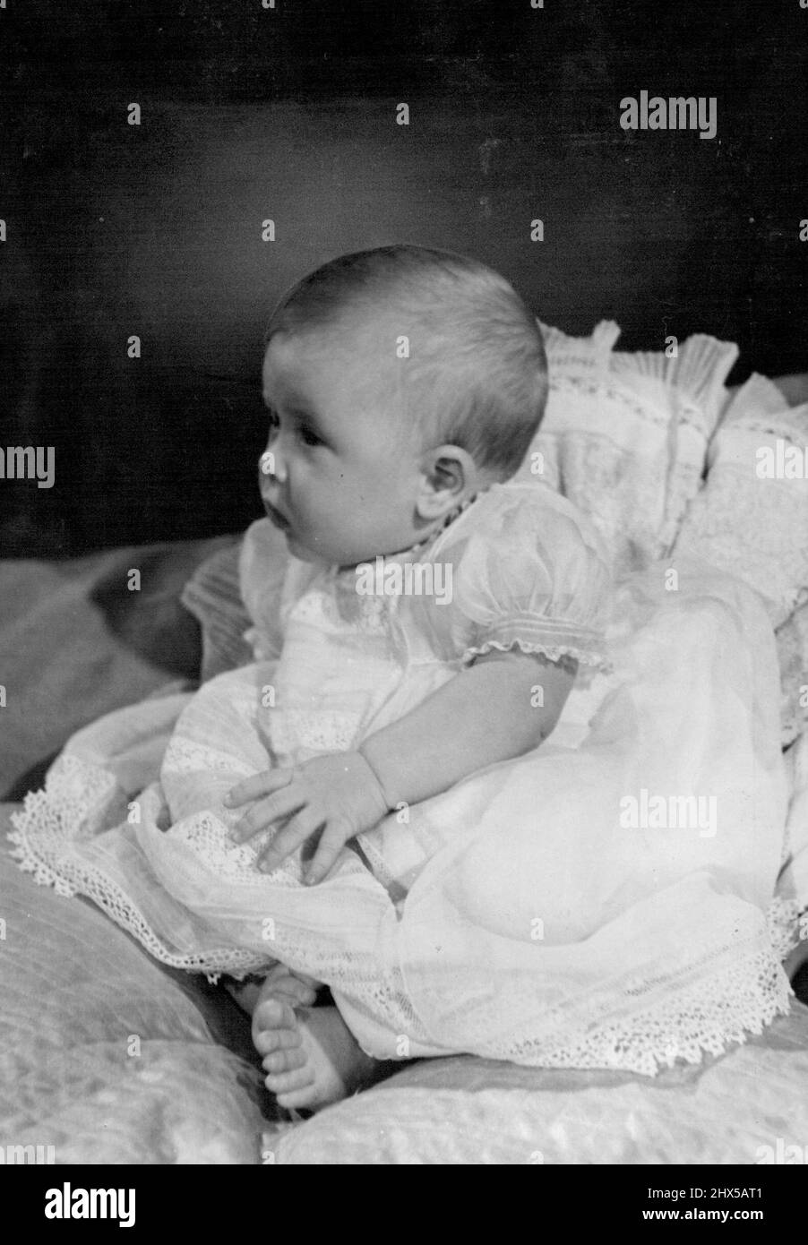 H.R.H. Prince Charles - Latest Photographs. Taken by Royal Command, picture shows H.R.H. Prince Charles at Buckingham Palace. The fair-haired, blue-eyed infant Prince was 19 weeks when photographed, weighing 16 lbs. 2 ozs. April 6, 1949. (Photo by Baron, Camera Press). Stock Photo