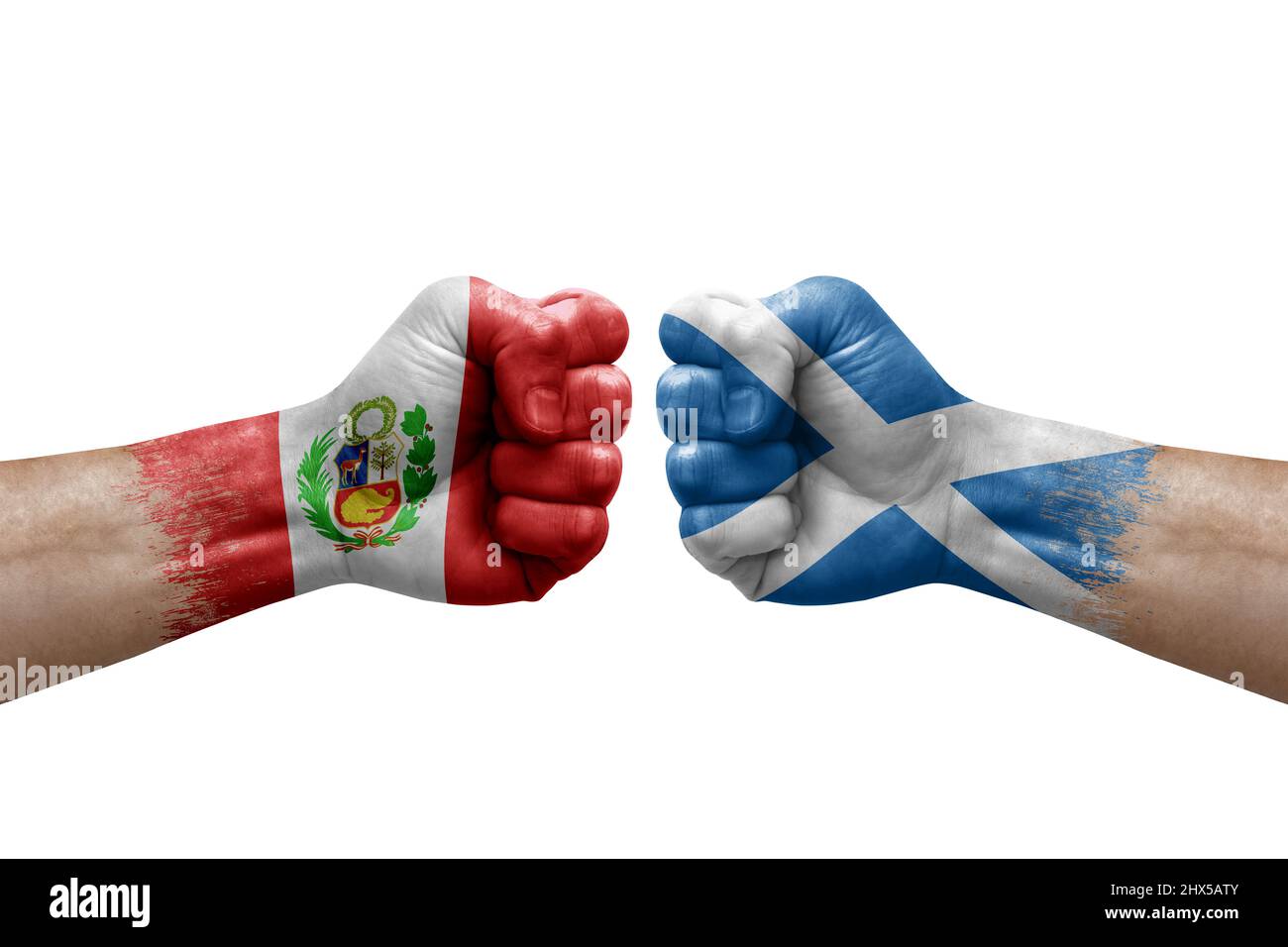 Two hands punch to each others on white background. Country flags ...