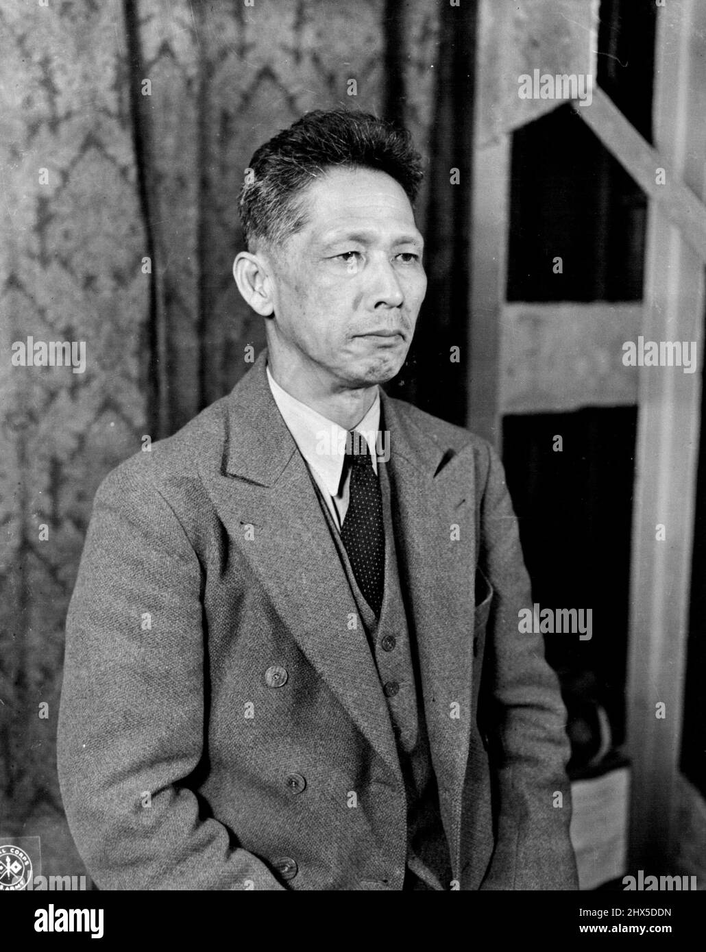 Major Japanese War Criminals on Trial in Tokyo : Suzuki Teiichi, Former President of the cabinet planning board and minister without portfolio under Konoye and Tojo from 1941 to 1943, is on trial at the International military tribunal for the Far East, Tokyo, Japan. June 19, 1947. (Photo by Skinner, U.S. Army Signal Corps). Stock Photo