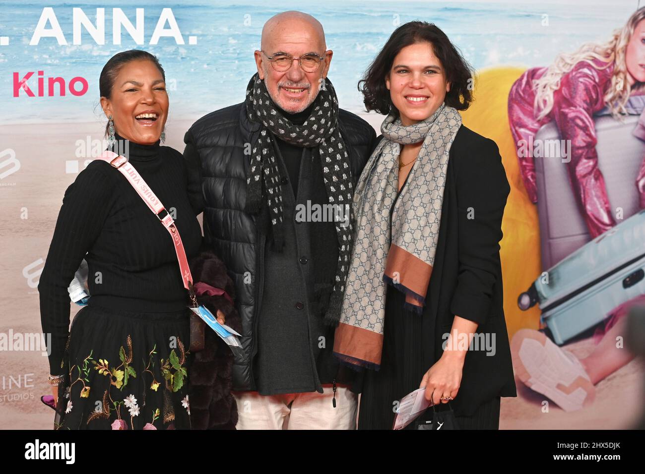 Munich, March 9th, 2022, Otto RETZER (actor and director), with wife Shirley and daughter Olivia. World premiere JGA Jasmin, Gina, Anna on March 9th, 2022 in the Mathaeser cinema in Munich. Stock Photo