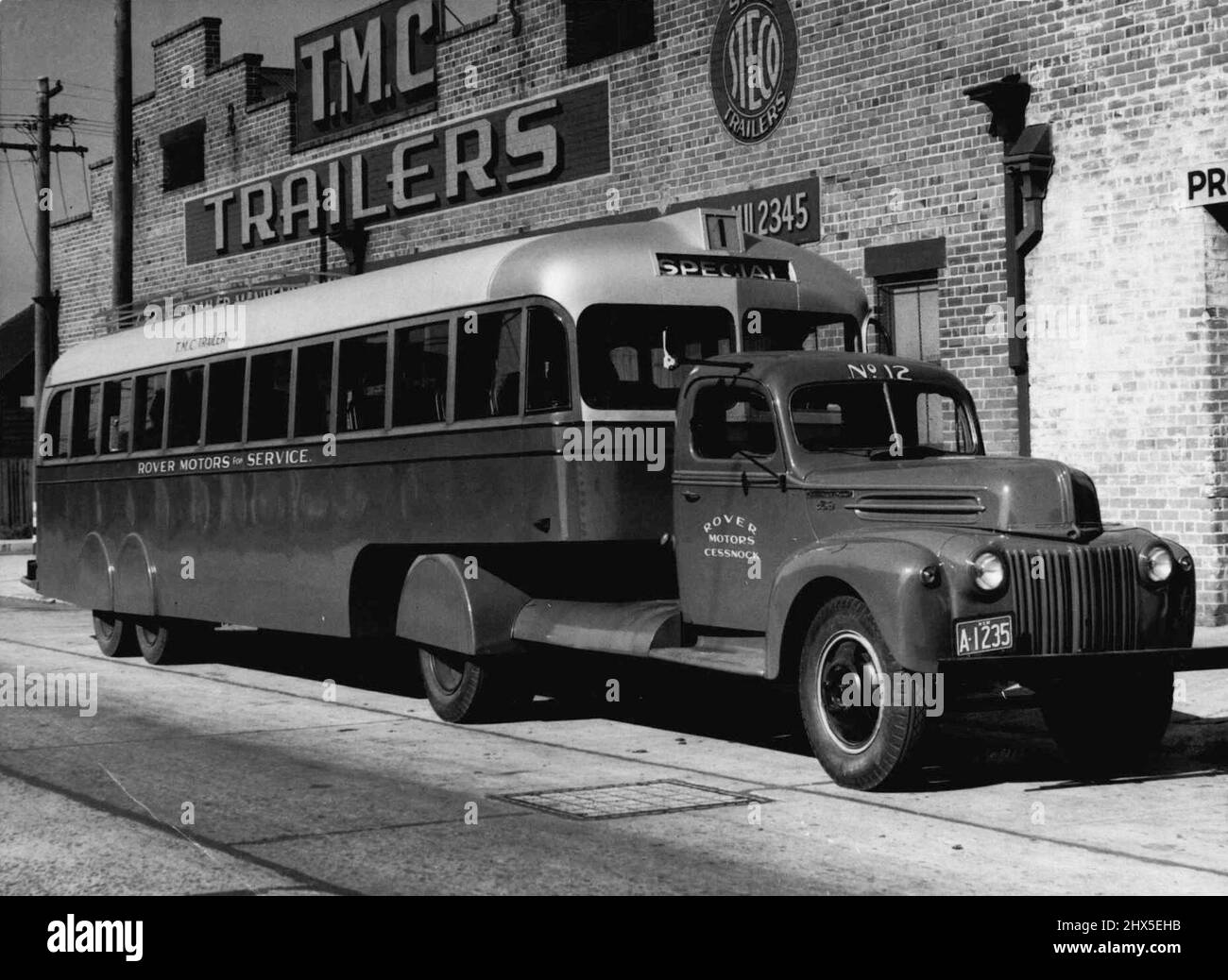 First semi-trailer bus to be made in Australia, will make its trials today. The bus will run between Maitland and Cessnock. It seats the full complement of passengers on a single deck. February 23, 1944. Stock Photo