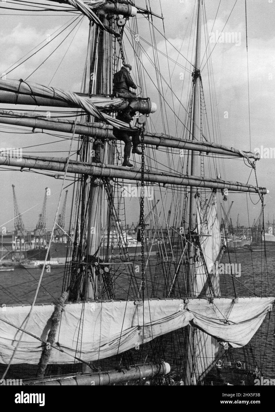 The 'Pamir' Overhauls Sails The crew of the Pamir look down on a long line of steamship their cargo as they clamber aloft. A spectacle not witnessed in London Docks for many, many years can now be seen in the Royal Victoria Docks, where the 4-master windjammer Pamir is berthed after her 80 days voyage from New Zealand. After a brief spell of rest over Xmas, the crew is new busy at the arduous task of over-hauling the majestic vessel's thousands of square feet of canvas. With the crew clambering over the rigging high above the noise activity that is London Docks, the Pamir presents a picturesqu Stock Photo