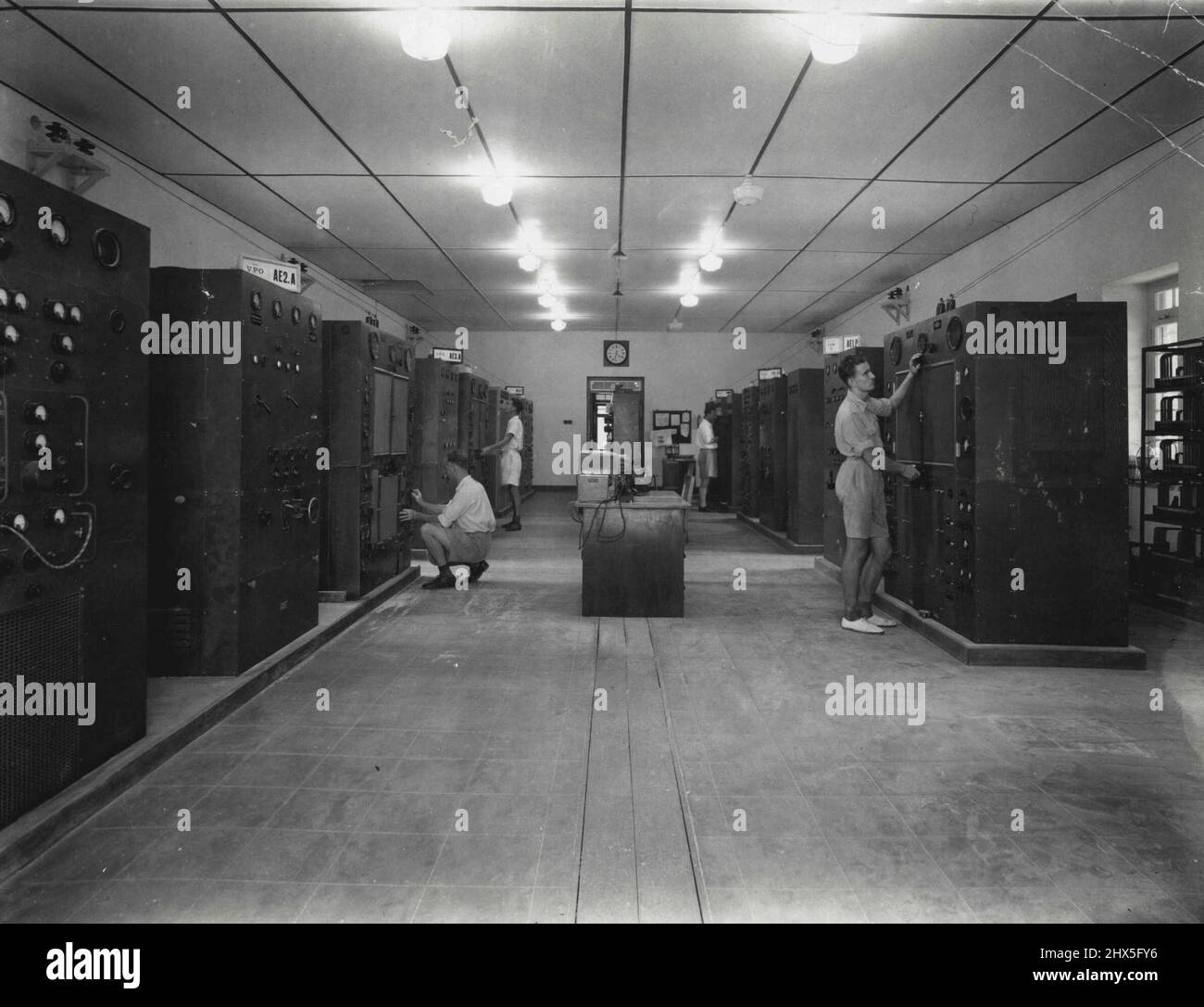 The Transmitting Hall at Station VPO3 Bridgetown, Barbados, B.W.I. This station is owned by Cable & Wireless (W.I.) Ltd. and transmits on 10.605 mc. November 05, 1948. Stock Photo