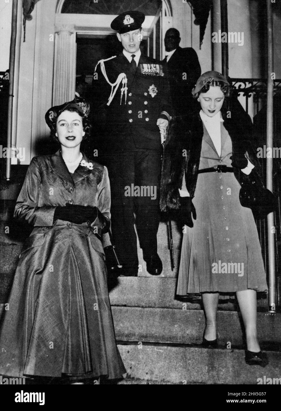 Start Washington Tour -- Princess Elizabeth (left) and the Duke of Edinburgh are accompanied by Margaret Truman, Daughter of the American President, as they leave the Presidential temporary residence, Blair house, in Washington, En Route to Mount Vernon, 15 miles away, and Arlington National cemetery, Nov. 1. November 03, 1951. (Photo by Associated Press Photo). Stock Photo