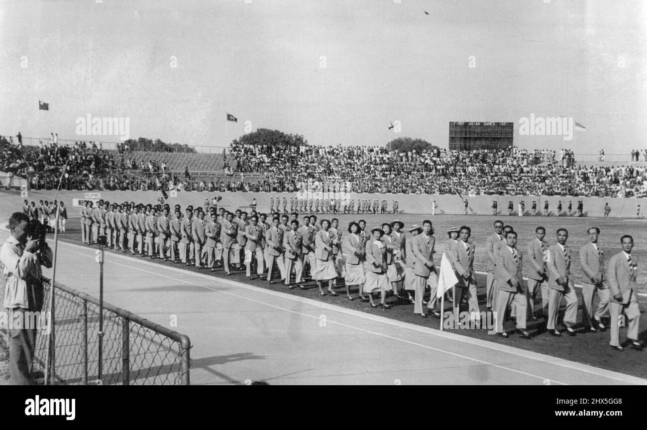 The general march past of the participating teams. The President took their salute. The Japanese contingent is seen in the foreground of this photo. The First Asian Games were declared open at the National Stadium New Delhi by the President of India, Dr. Rajendra Prasad, on March 4. Eleven Asian countries are participating in the games which continue for one week. January 21, 1952. Stock Photo