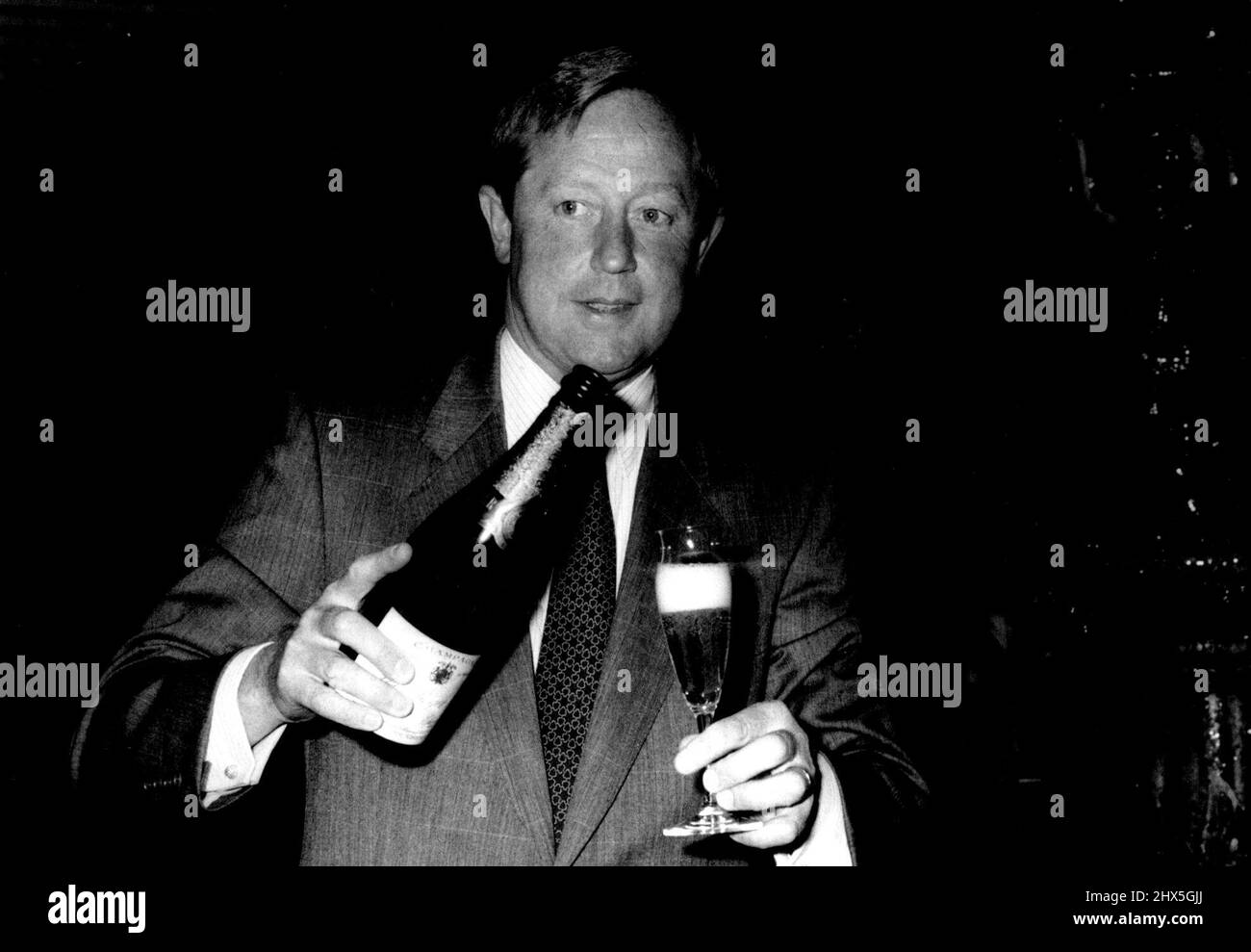 Much has been written of Sir. Winston Churchill's legendary thirst for Pol Roger Champagne. Churchill, it seems, was a marketing manager's dream: he was 'brand loyalty' personified. He professed to drink no other champagne than Pol, and reportedly quite a lot of it. Wit and eloquence is the house of Pol Roger's long suit. The present director-general, Christian Pol Roger, was in Australia last week to launch the new Pol Roger cuvee Sir. Winston Churchill. August 09, 1955. (Photo by Identity Studio Pty. Ltd.). Stock Photo