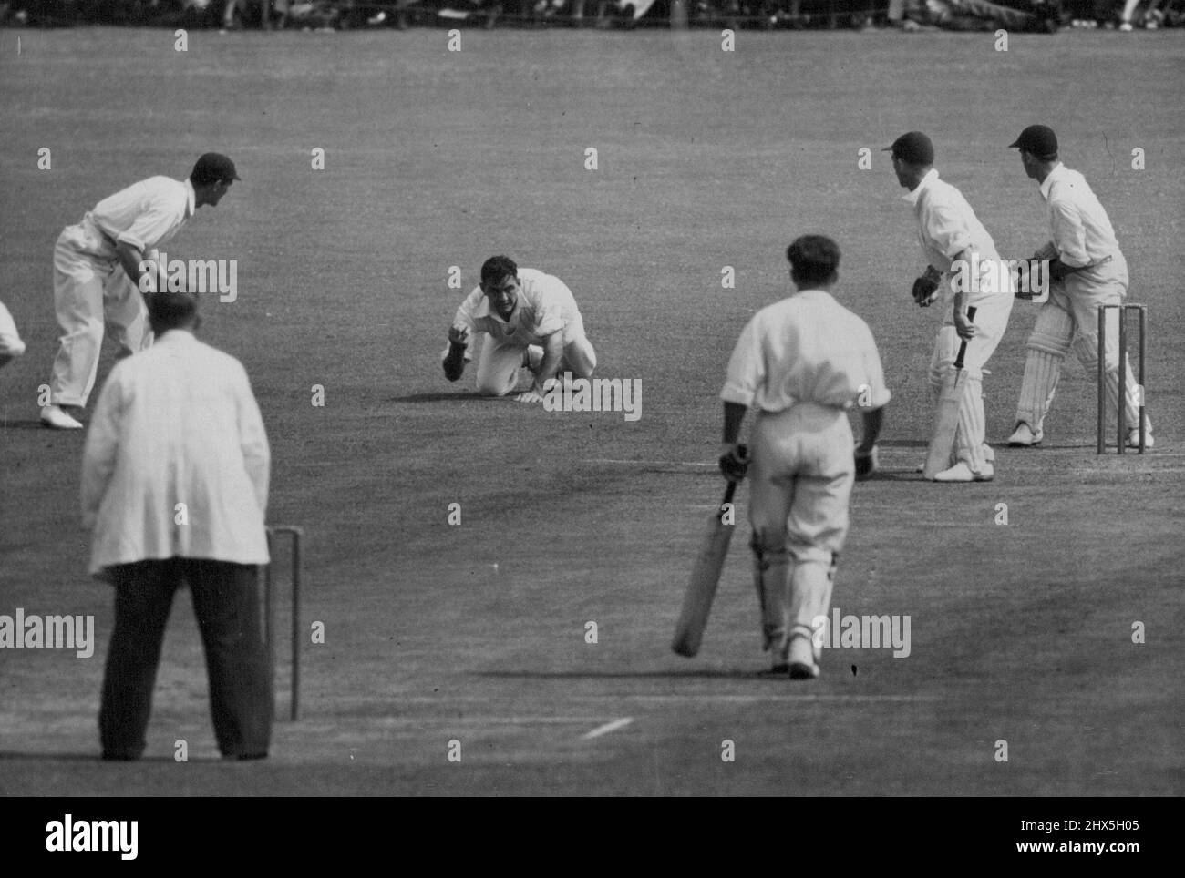 England V. The Rest At Canterbury. T.P. Smith (Essex) edges D. Wright (Kent) into the slips. Bedser (Surrey) fields the ball and appeals for a catch, but the ball had grounded. The Test Trial continued to-day (Thursday) at Canterbury, with N.W.D. Yardley of Yorkshire leading England against the Rest, captained by S.C. Griffith of Sussex. July 11, 1946. Stock Photo