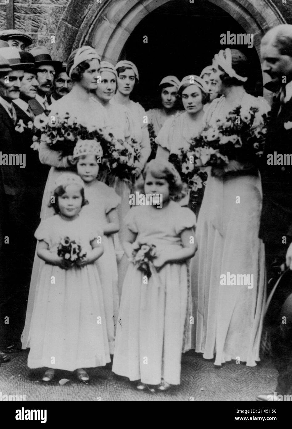 Wedding Of Lady May Cambridge To Capt. Henry Abel Smith At The Village Church Of Balcombe, Sussex. O. The bridesmaids leaving after the ceremony. Princess Elizabeth is on right. October 24, 1931. (Photo by Photopress). Stock Photo