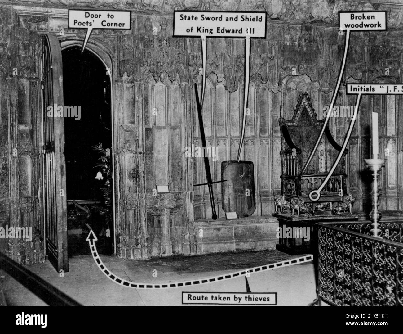 From Britain's Westminster Abbey -- A big nationwide search is going on to find the historic coronation stone which was stolen on Christmas morning from tinder the Coronation chair in London's Westminster Abbey, where it had rested for 650 years. Scottish nationalists are suspected. The stone was used for crowning Scottish kings for 400 years before 1296, when King Edward I brought it to London. The scene of the crime. The stone was stolen from the Coronation Chair(on right). Newly carved initials J.F.S. on the chair may be a clue. One suggestion is that the initials stand for Justice for Stock Photo