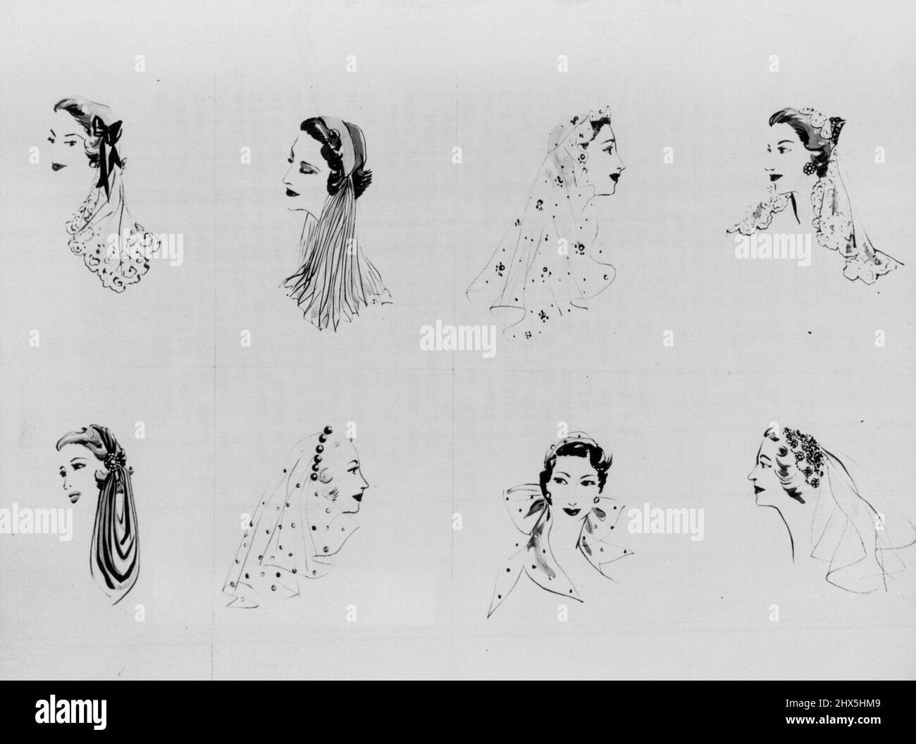 Hartnell Designs Alternative Coronation Dress for Peeresses -- Some of the series of head coverings. Regulations in the London Gazette state: Ladies attending the Coronation wearing afternoon dress must wear a head covering. This must not cover the face, but should be in the form of a veil falling from the crown or the back of the head as far as the shoulders, but not lower than the waistline. Any colour excepting black can be used and should be made in a suitably light material such as tulle, chiffon, organise or lace and may be attached by a comb, jewelled pins flowers or ribbon bows, but Stock Photo