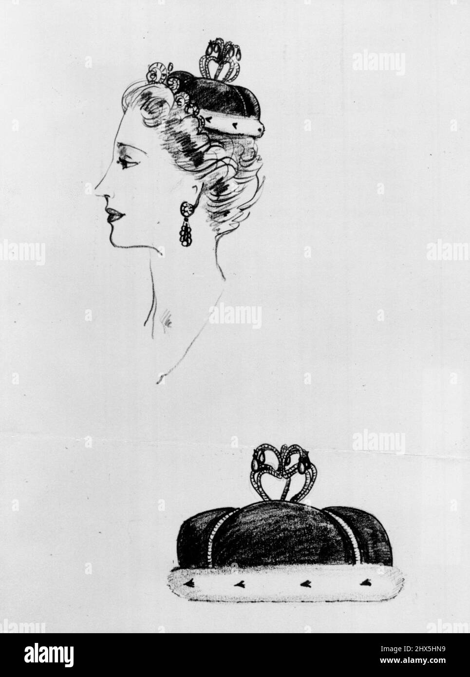 Hartnell Cap of States Is Coronation Alternative For Peeresses -- Sketch of the approved Norman Hartnell design for a Cap of State for Peeresses below the degree of Countess, who may wear it as an alternative to a coronet. The London Gasette to-night (Tuesday) states Viscountesses and Baronesses who are not in possession of Coronets may wear as an alternative a crimson velvet cap enriched with narrow gold braid and bordered with a narrow strip of white fur. The cap should be made to fit the crown of the head and should have a gold or gold coloured tassel or other similar decoration which may Stock Photo