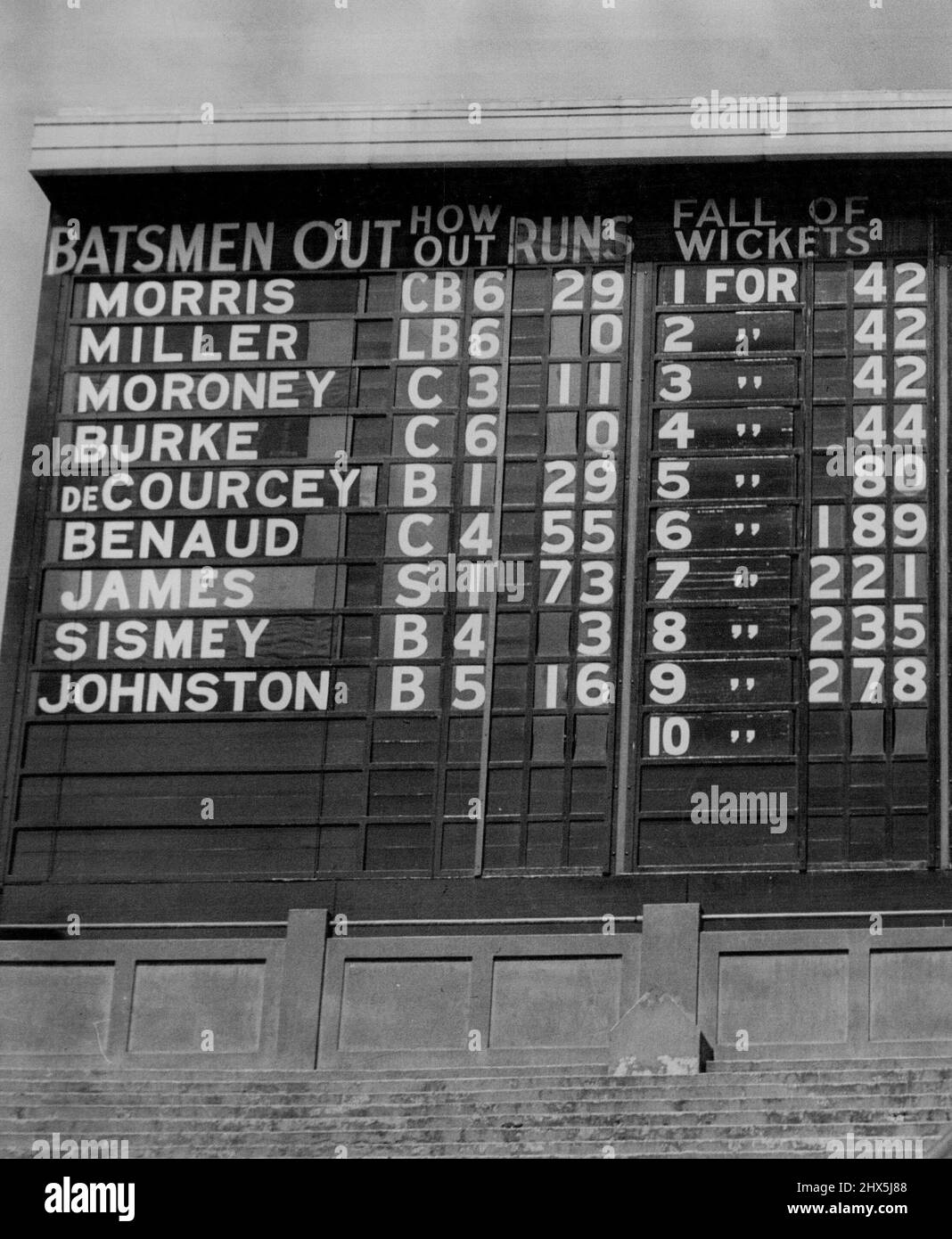 Was Board's Face Red? Melbourne's Score Board has carried the names of many great cricketers, but for once the board has made a mistake in a name. It was the name of New South Wales player De Courcy that 'tricked the board. There is no 'e'. November 29, 1950. Stock Photo