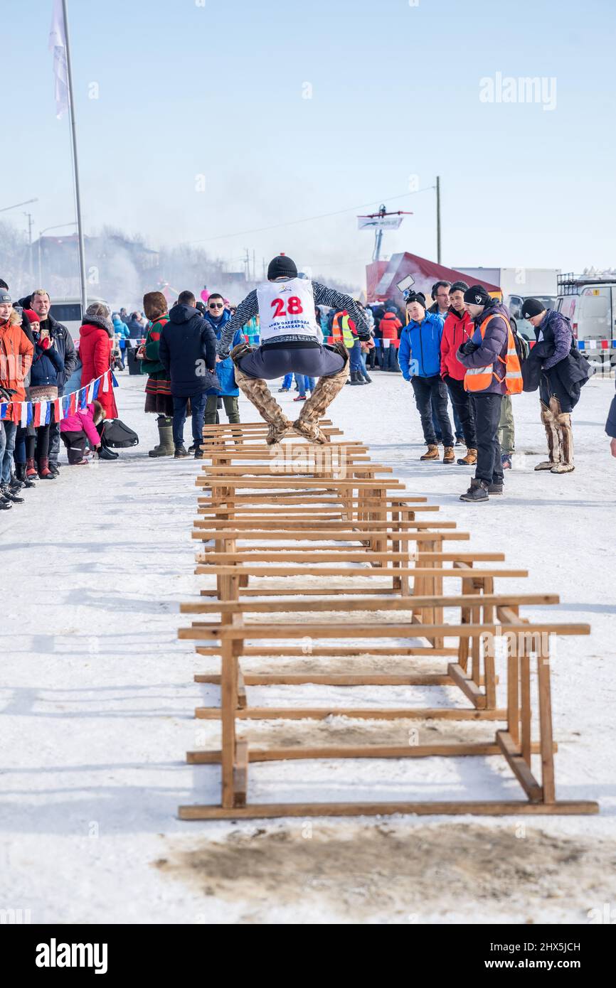 Sled jumping competition at Reindeer Herders Festival in Salekhard, Autonomous