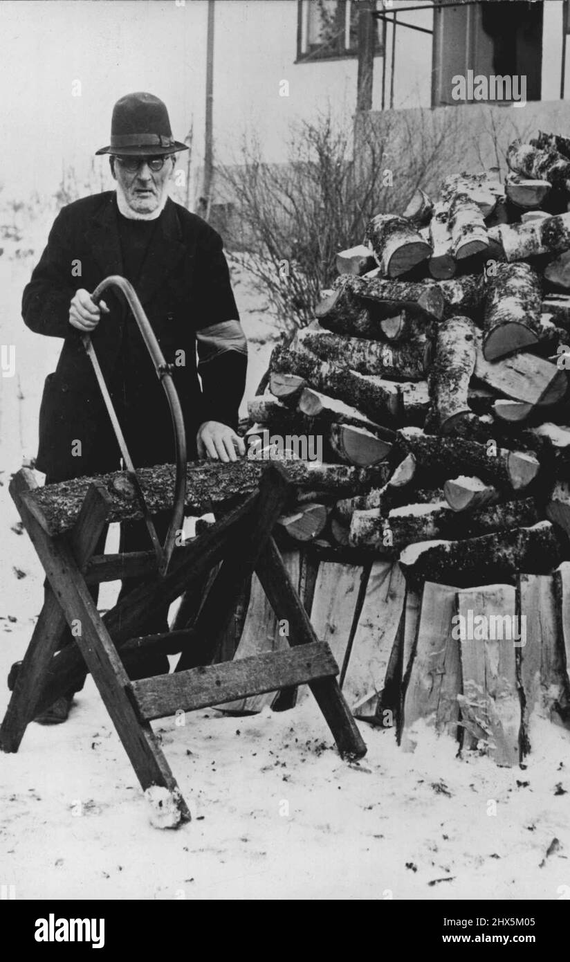 Saws His Firewood At 104: Mr. Jonasson who will be 104 on March 24th. On March 24th. Anders Johan Jonasson, of *****, smaland, Sweden, will be celebrating his 104th. Birthday. He has sawn his own firewood all his life and now states that he intends to contune to do so. March 12, 1952. (Photo by Paul Popper Press Photo). Stock Photo