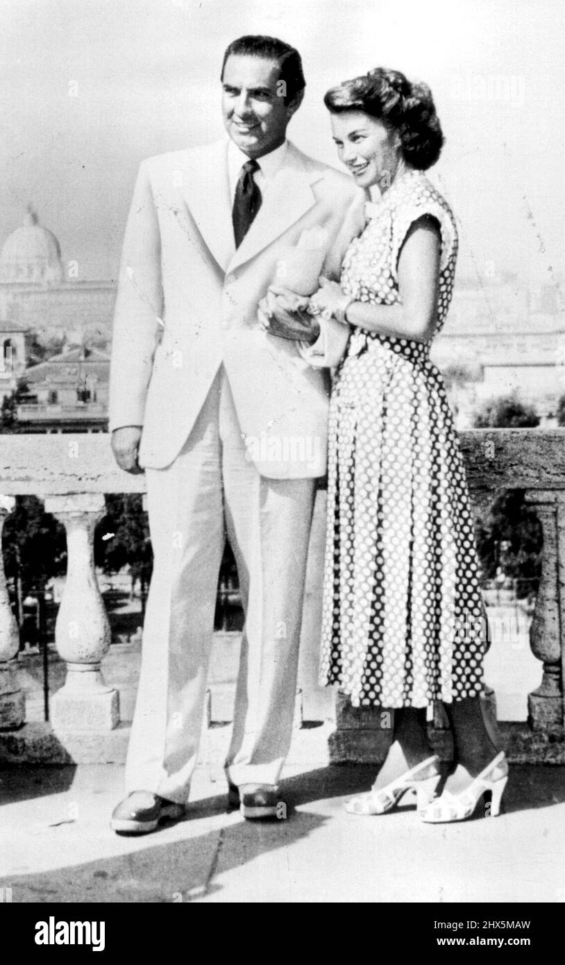Starred In Rome Romance -- Tyrone Power and Hollywood starlet Linda Christian go for a sightseeing stroll in Rome, Italy, on Tuesday. The couple are to be married in Rome tomorrow morning, according to Rome's leading fashion designers, the Fontana sisters, who said they are finishing a wedding dress for the starlet. Power is making a picture in Rome on the Borgia family. August 13, 1948. (Photo by AP Wirephoto). Stock Photo