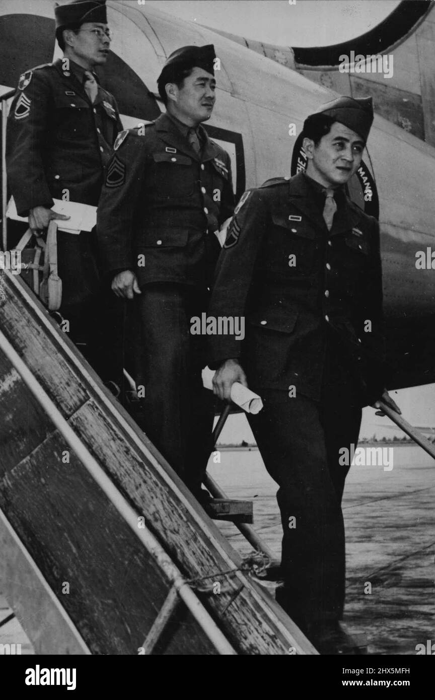 Americans Of Japanese Descent Return From Burma Fighting -- Three American soldiers of Japanese ancestry arrive at a southern U.S. airbase after months of jungle fighting against the Japanese in the India-Burma theater of war. All three were with Major General Frank Merrill's Marauders, famous jungle fighter group. They are; Staff Sergeant Herbert Y. Miyasaki (center), Sergeant Robert Y. Honda (left), and Sergeant Katsuhiro Kona who wears the Bronze Star, military decoration awarded for meritorious achievement in combat against the enemy on the ground. All three are wearing the Presidential Stock Photo