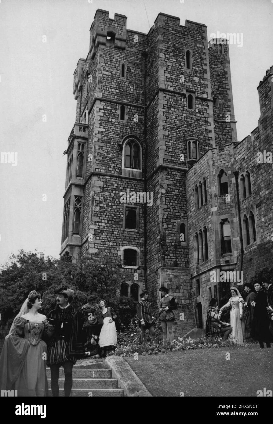 'The Merry Wives Of Windsor' To be Staged In Windsor Castle Setting -- A general view of the play's setting with part of Windsor castle in the background. The Windsor theater guild, of which dame Sybil Thorndike is president, to-day held a dress rehearsal of the performance which they are giving August 2nd, 3rd, and 4th, of Shakespeare's 'Merry Wives Of Windsor'. It is a Windsor festival production and will be staged with Windsor Castle as a background. The tower will be floodlit and the Windsor and Eton society choir will sing madrigals. August 7, 1951. (Photo by Paul Popper Ltd.). Stock Photo