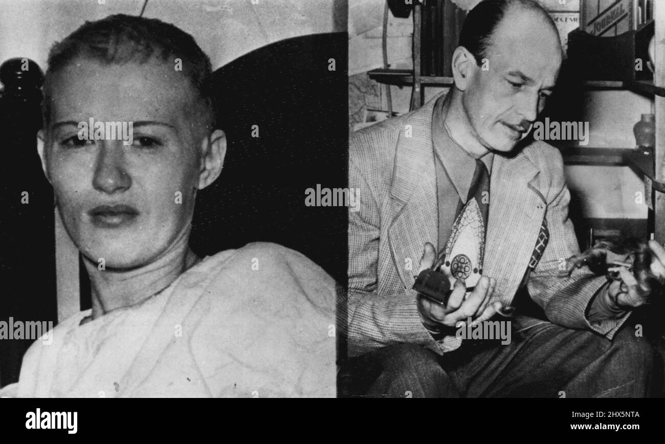 Angry Husband Shears Wife's Hair -- Only a stubble remains of the waist-long red hair of Mrs. Dorothy Verkay, 27, Phoenix, who said her husband, Bertus, 40, forcibly cut it off because he jealous. Verkay (right) exhibits the scissors and razor he used. He was charged with assault. Angry husband, Bertus Verkay, 40, has been accused by his wife, Dorothy, 27, of forcibly shearing her waist-long red hair to a stubble 'because he was jealous.' The couple live in Phoenix, Arizona. At left is the wife after her hair had been cut. At right Verkay shows the scissors and razor he used. January 09, Stock Photo