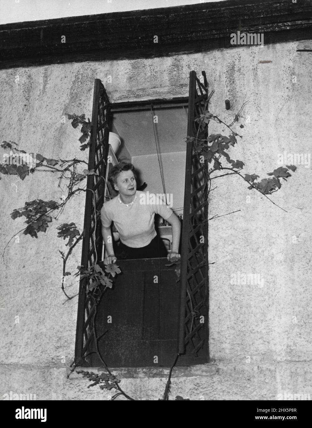 Dorothy Roberts takes a look at the weather - always a matter of conjecture in London - from the kitchen of her tiny flat at No. 9 Stanhope Mews. What's the outlook? For Dorothy, roses all the way. December 16, 1955. (Photo by A.G.S.U.P Picture). Stock Photo