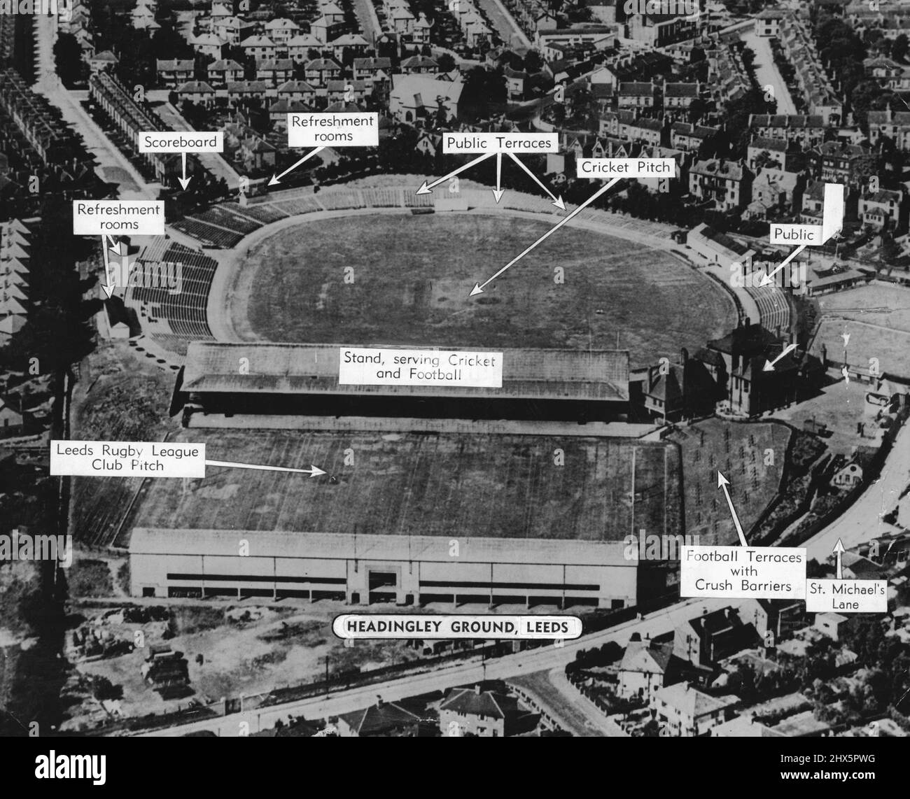 Headingley Ground, Leeds Refreshment Rooms, Scoreboard, Refreshment Rooms, Public Terraces, Cricket Pitch, Winter Coaching Shed, Public Terrace, Pavilion, Dressing Rooms and Members Stand.Football Terraces with Church barriers, St. Michael's Lane, Leeds Rugby League Club Pitch. May 05, 1948. Stock Photo