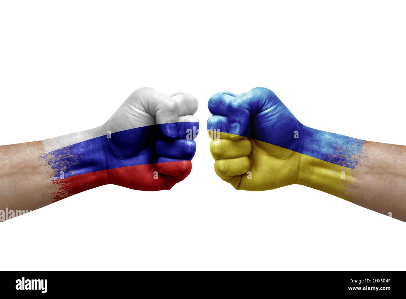 Two hands punch to each others on white background. Country flags ...