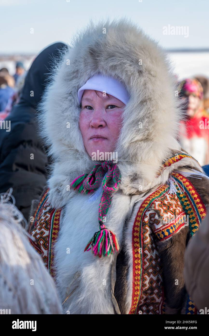 Nenet woman in traditional reindeer fur clothes at Reindeer Herders ...