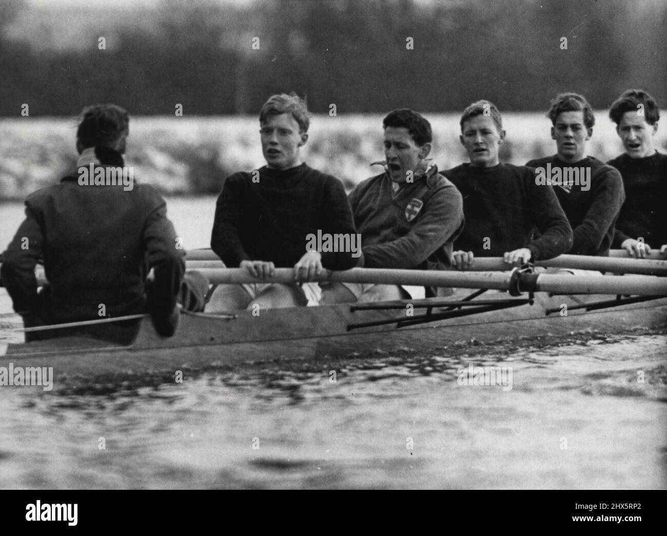 Oxford Train Without President -- Expressions from the Dark Blues as they pullin rough water during a spell at Wallingford from left to right. Watson, Cox, Sorell, Pain, McLeod, Raikes and Wells. Oxford University boat crew still without their President J.A. Gobbo. Have not yet placed the crew as they will race in the forthcomming annual. M.L. Ross is subsitute for Gobbo, who has influence. February 24, 1955. (Photo by Fox Photos ). Stock Photo