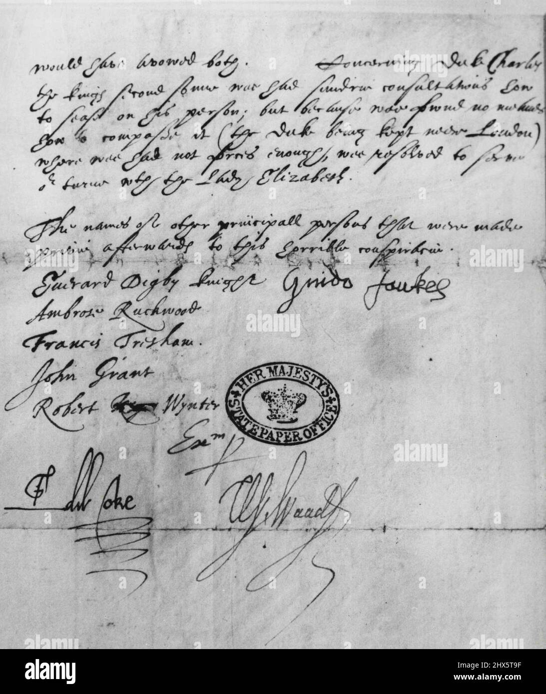 Illegible But Valuable-- Several centuries later, the signature of Guy Fawkes attests to the treatment he went through after the discovery of the 'Gunpowder Plot' in 1606. Above it is a statement in which Fawkes admitted his part in the plot to blow up the Parliament, Following the discovery of the conspiracy. The signature is believed to have been affixed after torture, reads the label. April 15, 1947. (Photo by Wide World Photos). Stock Photo