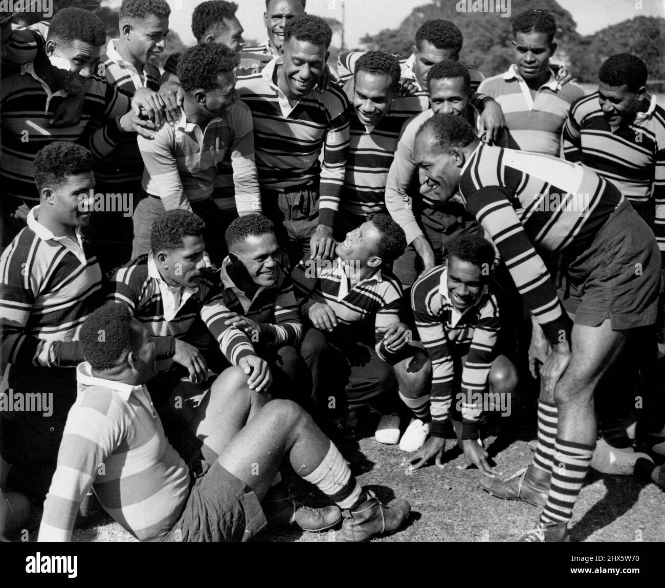 Fijian Rugby Union captain ***** Tuitava has a ***** with his player as tranning at North Sydney Oval. May 20, 1954. Stock Photo
