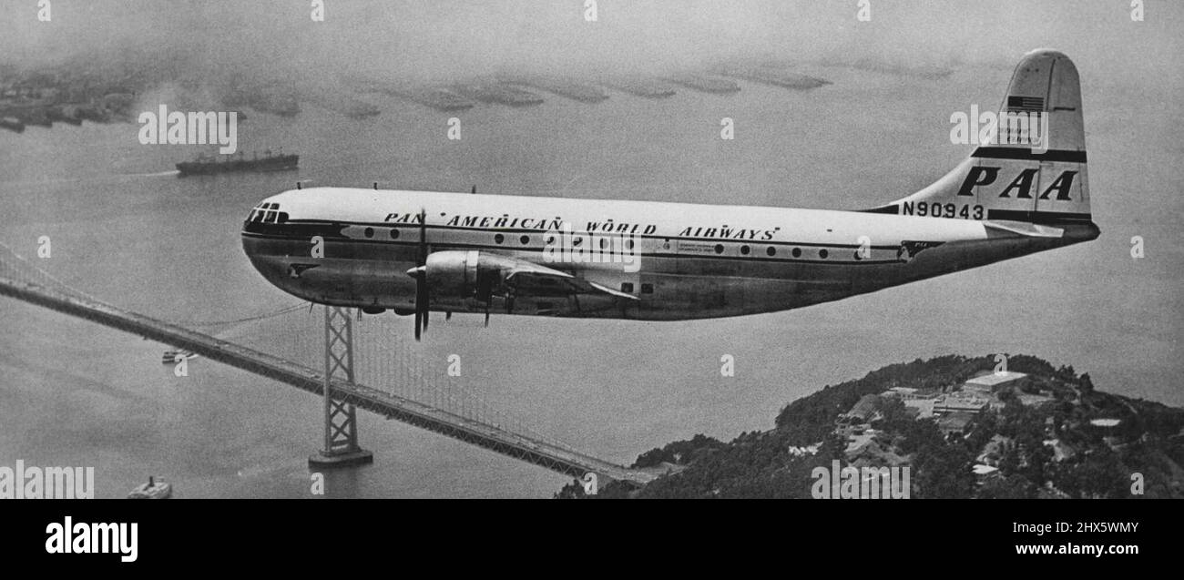 Today's Pacific Strato Clipper, the Boeing 377, is seen in the center photo. With a speed of 300 miles per hour, these double decked giants carry passengers, cargo and mail from the Pacific Coast to Tokyo in 29 hours and to Manila and Sydney in 35 hours. December 07, 1955. Stock Photo