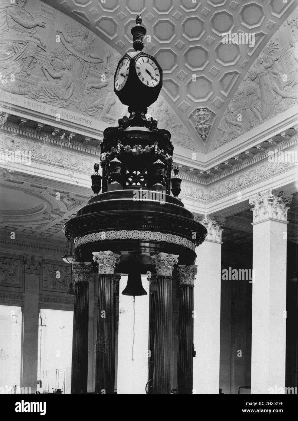 The Caller's rostrum in Lloyd's new building, with the 'Lutine' bell in its new position. October 10, 1932. (Photo by Humphrey Joel). Stock Photo