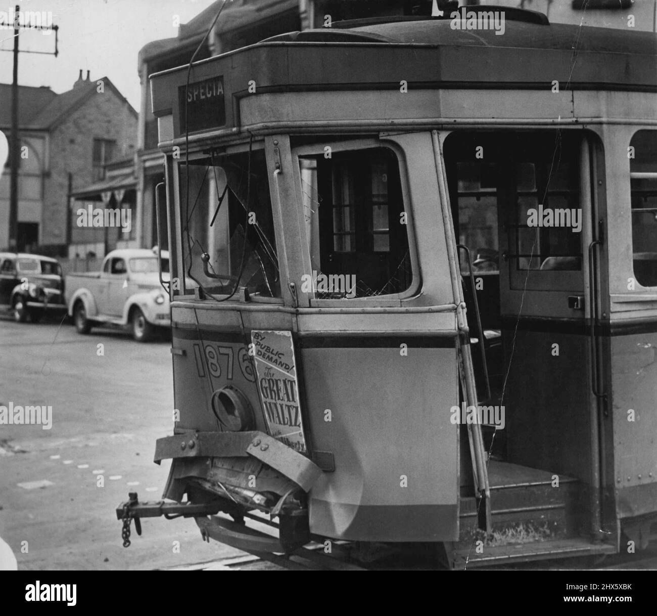 Runway Tram, The driver was showered with glass when this tram ran down steep Darling Street, Balmain, today, and crashed into a counterweight at the foot of. The tram ***** counterweight set ***** to prevent accidents, and no one was injured although the driver's cabin was showered with broken glass. May 5, 1949. Stock Photo
