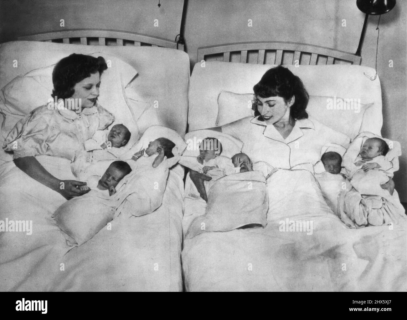 Triplets Meet Quadruplets - Two mothers and their seven babies presented this unusual scene in Sloane Hospital today as Mrs. Muriel Bachant (left) and her triplets, born March 30, and their picture taken Alongside Mrs. Harry Zarief and her quadruplets, born March 29. The left-to-right on the babies in this exclusive picture taken by the New York Daily News is as follows: Nancy Sue, Janet Lee and Karen Ann Bachant Stock Photo