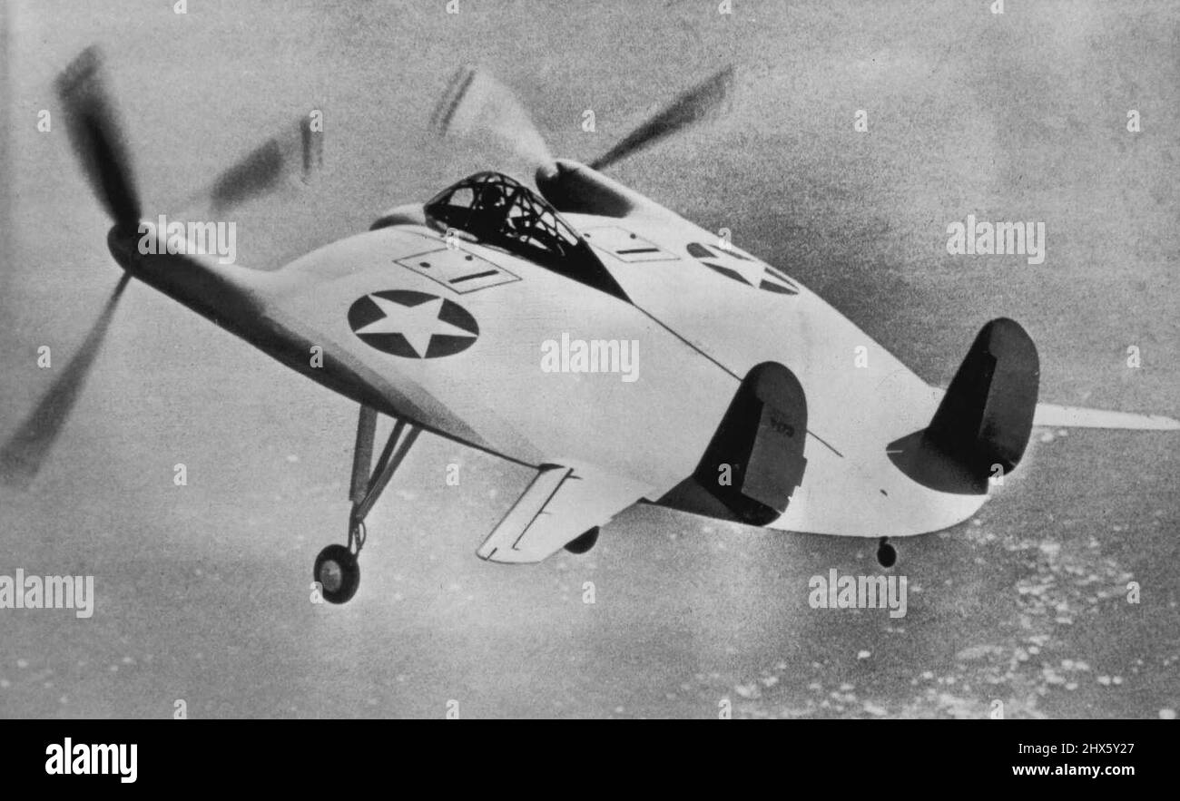 Resembles Flying Disc - Navy officials in Washington have said that the V-173 (above), a wingless plane called the 'flying pancake', is the only craft they operate which would answer the description of 'flying discs' reportedly seen in the Western U.S. Navy officials said, though, that the only plane of this type has never left Bridgeport, Conn. July 5, 1947. (Photo by AP Wirephoto).;Resembles Flying Disc - Navy officials in Washington have said that the V-173 (above), a wingless plane called th Stock Photo