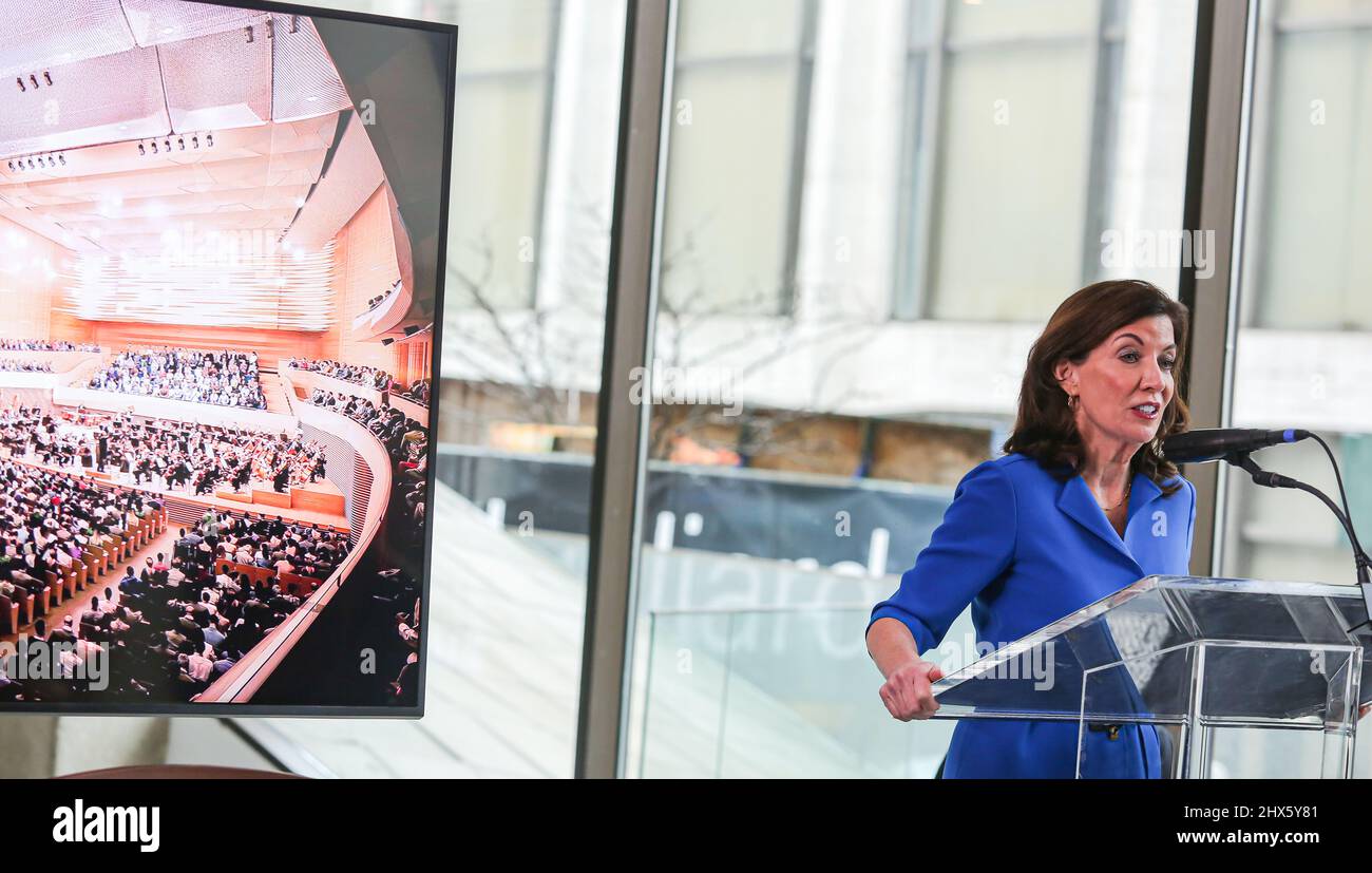 New York, New York, USA. 9th Mar, 2022. NY Governor KATHY HOCHUL, NYC Mayor ERIC ADAMS, NY Senator CHUCK SCHUMER and The New York Philharmonic Leadership; PETER MAY, KATHERINE FARLEY, HENRY TIMMS, MILTON ANGELES, DEBORAH BORDA and LINDA and MITCH HART announced the opening of the new DAVID GEFFEN hall scheduled to open this October 2022. The opening is two years ahead of schedule and on budget of the $550M achieved goal. In addition the opening will also support 6,000 jobs and with ever expanded public and community spaces and state of the art acoustics and architecture. (Credit Image: © Bi Stock Photo