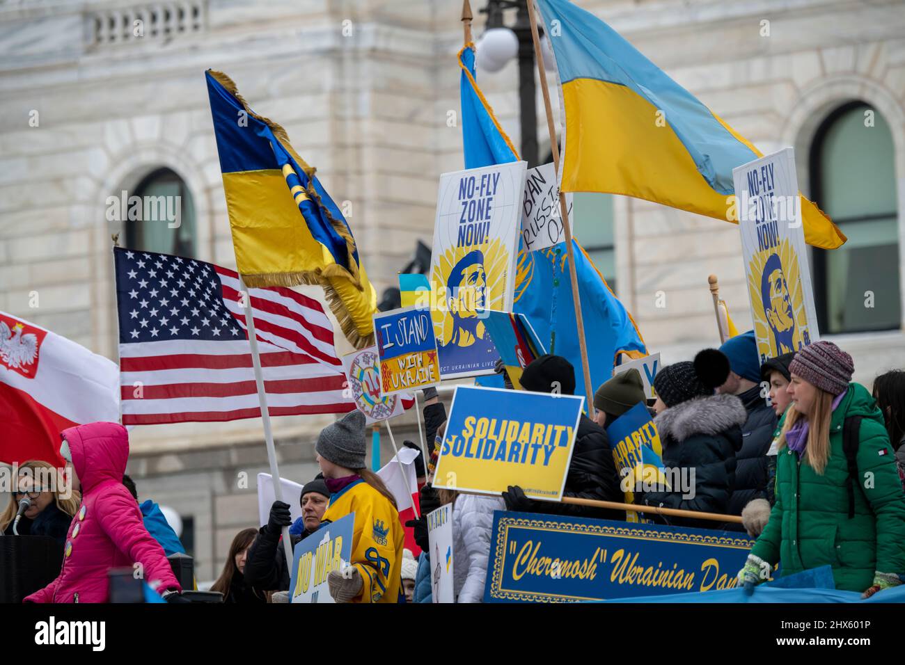 St. Paul, Minnesota. People rally to support the Ukrainian people and Ukraine's sovereignty and stop the war that Russia is waging against them. Stock Photo