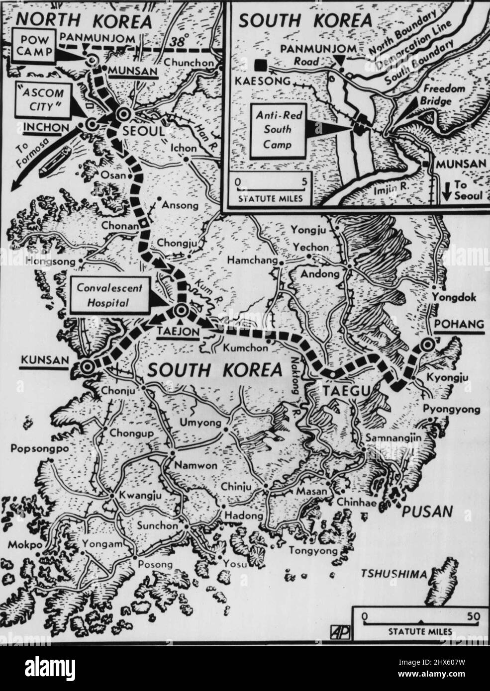 Routes To Freedom -- Map locates routes POWs will taka following their scheduled release Wednesday from anti-Red prison camp southeast of Panmunjom. Chinese anti-Communist POWs will move in trucks through Seoul to Ascom City near Inchon for Formosa bound ships. Koreans will use railroad, dotted line, enroute to South Korean army induction centers at Pohang and Kunsan where they will he processed and restored to civilian status. Any sick Korean prisoners will probably go to convalescent hospital Stock Photo