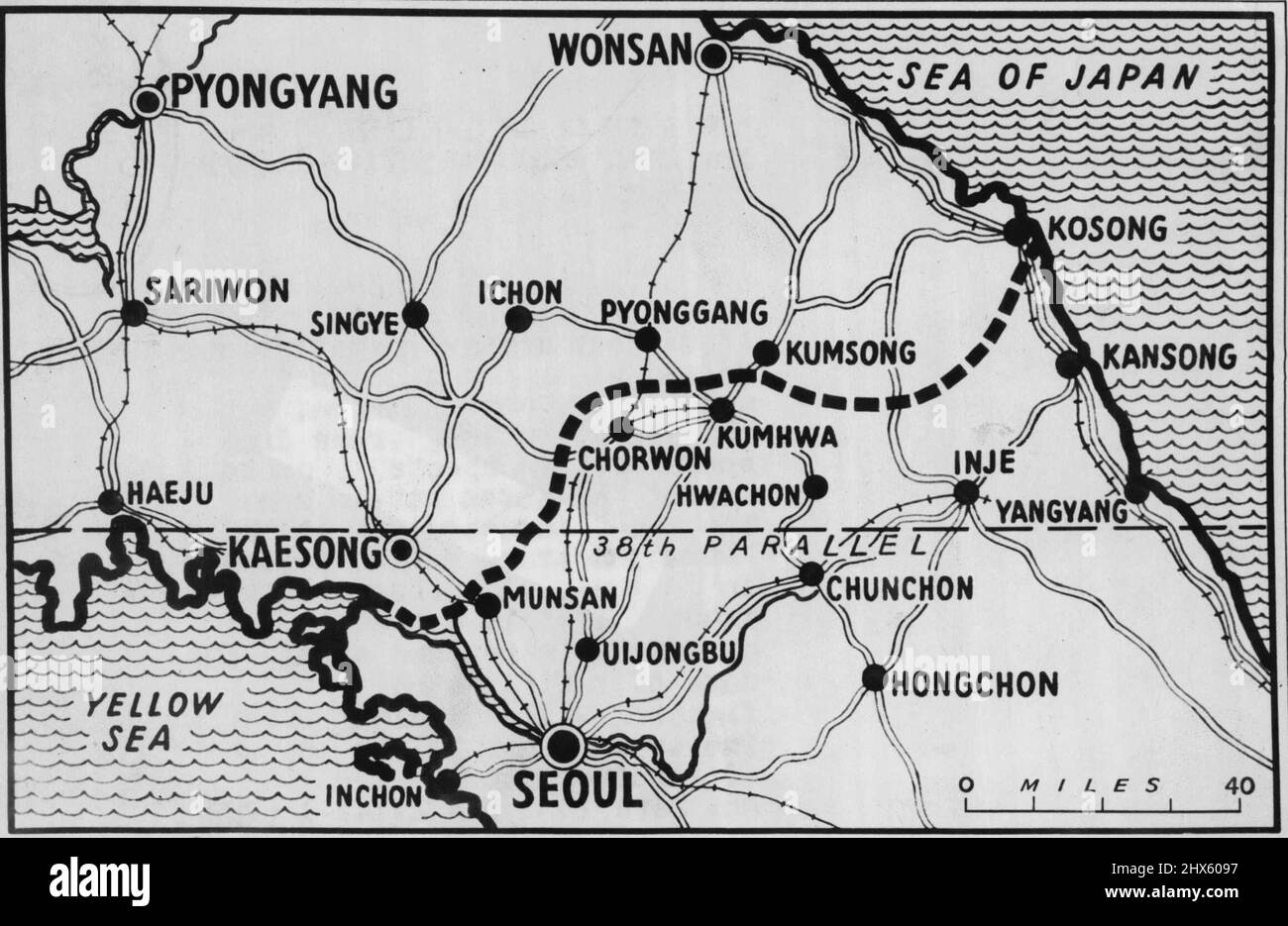 Korea Truce Line Fixed -- After four ***** negotiation, United Nations and Communist negotiators have ***** out the 145-miles long ***** shown on his ***** map of the ***** Zone. The *****at the ***** talks, follows in ***** present battle front. If fill ***** agreement is reached within 30 cave of ***** fighting will end along the line The truce line will be the centre of a buffer Zone. November 28, 1951. (Photo by Reuterphoto). ;Korea Truce Line Fixed -- After four ***** negotiation, United N Stock Photo