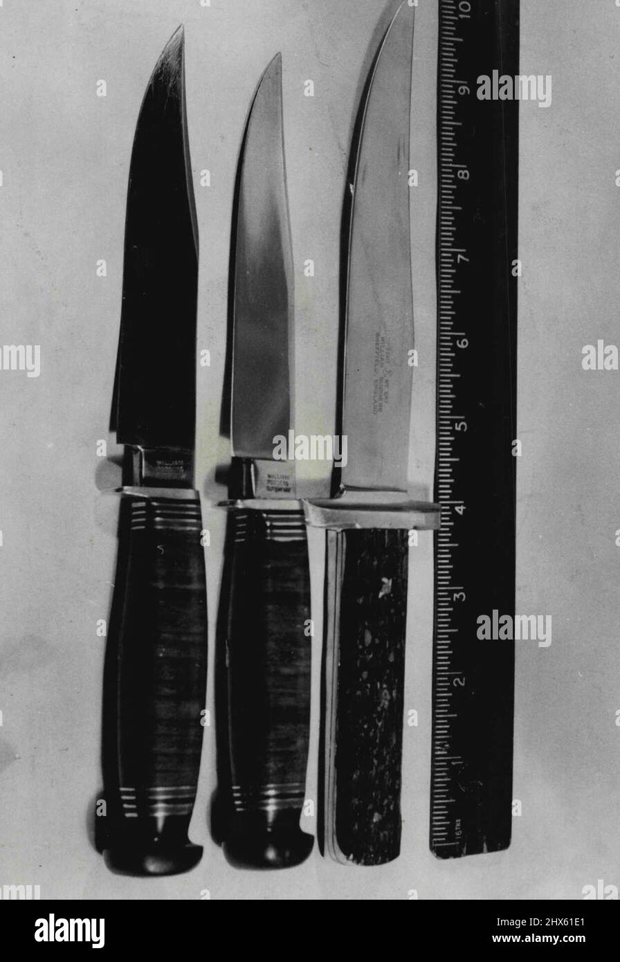 Knives Compared With Foot-rule. Boys Take Knives To Theatre - A Yarraville Theatre manager 'Disarmed' three boys, aged 10,11 and 12, who were carrying razor-sharp sheath knives at a matinee on Saturday. Mr. J.C. McFarlane, Manager of St. George's theatre, said today he had told one boy he would not get his knife back. The boy said he had found it. The other two could claim their knives after next Saturdays matinee. These two children had told him that the mother of one of them had given them th Stock Photo