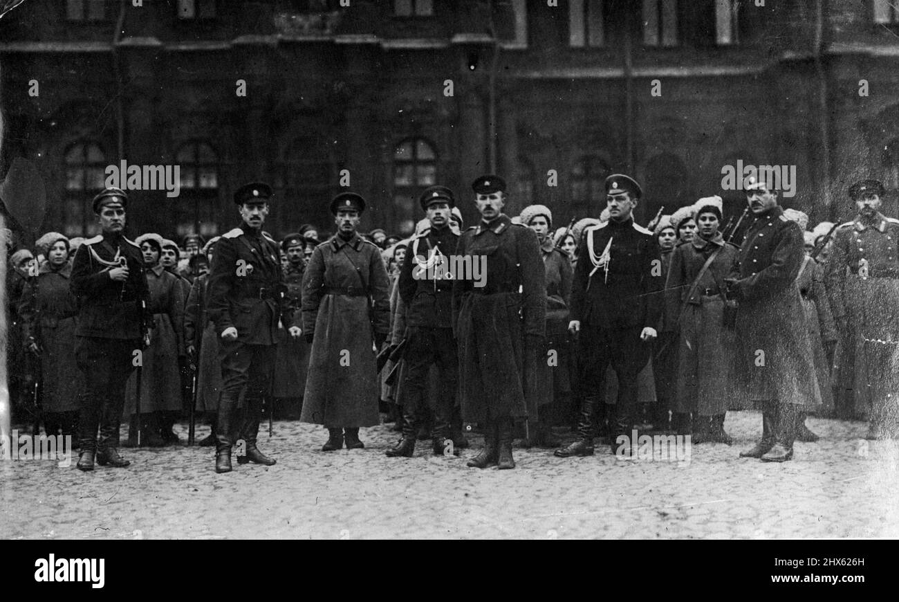 With the Russians -- Scenes in Petrograd officers commanding womens batallion. Women in background. February 19, 1918. (Photo by Daily Mirror).;With the Russians -- Scenes in Petrograd officers commanding womens batallion. Women in background. Stock Photo