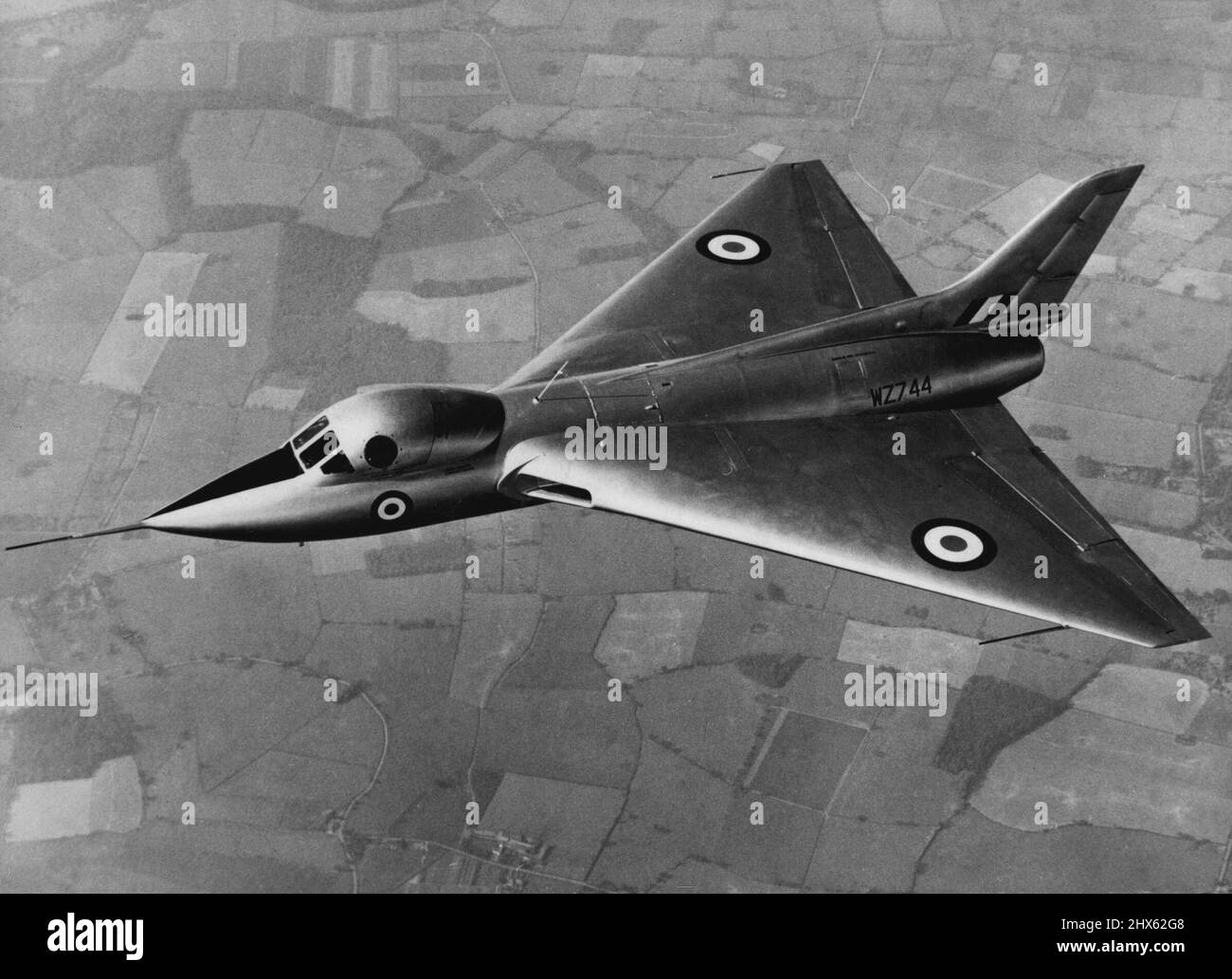 Britain's New Avro -- Britain's new Avro dual-control delta-wing research plane, just off the secret list, makes its first flight. The lane will be shown to the public for the first time at the Farnborough Air Show in September. August 21, 1953. Stock Photo