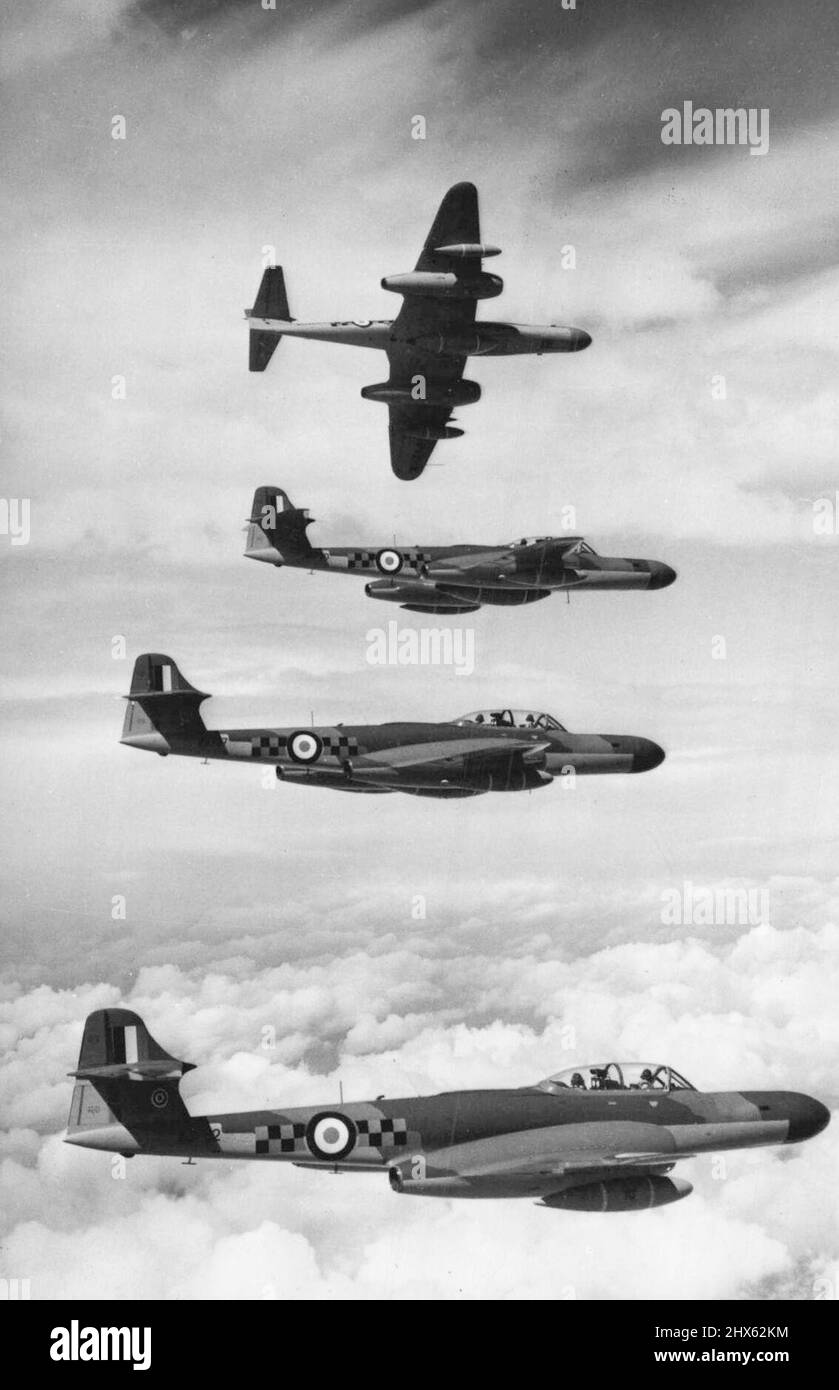 Meteors of the Air. A striking picture of four Meteor N. F. 14 Night Fighters in a formation flying exercise over southern England. One of the first pictures to be released showing the latest and fastest version ***** the famous "Meteor" jet fighter to be produced - the Mark N.F. 14 Night Fighter now in R.A.F. Squadron service. This aircraft was recently described by the Air Minister as "the most effective night fighter that exists". June 27, 1954. (Photo by Sport & General Press Agency, Limited Stock Photo