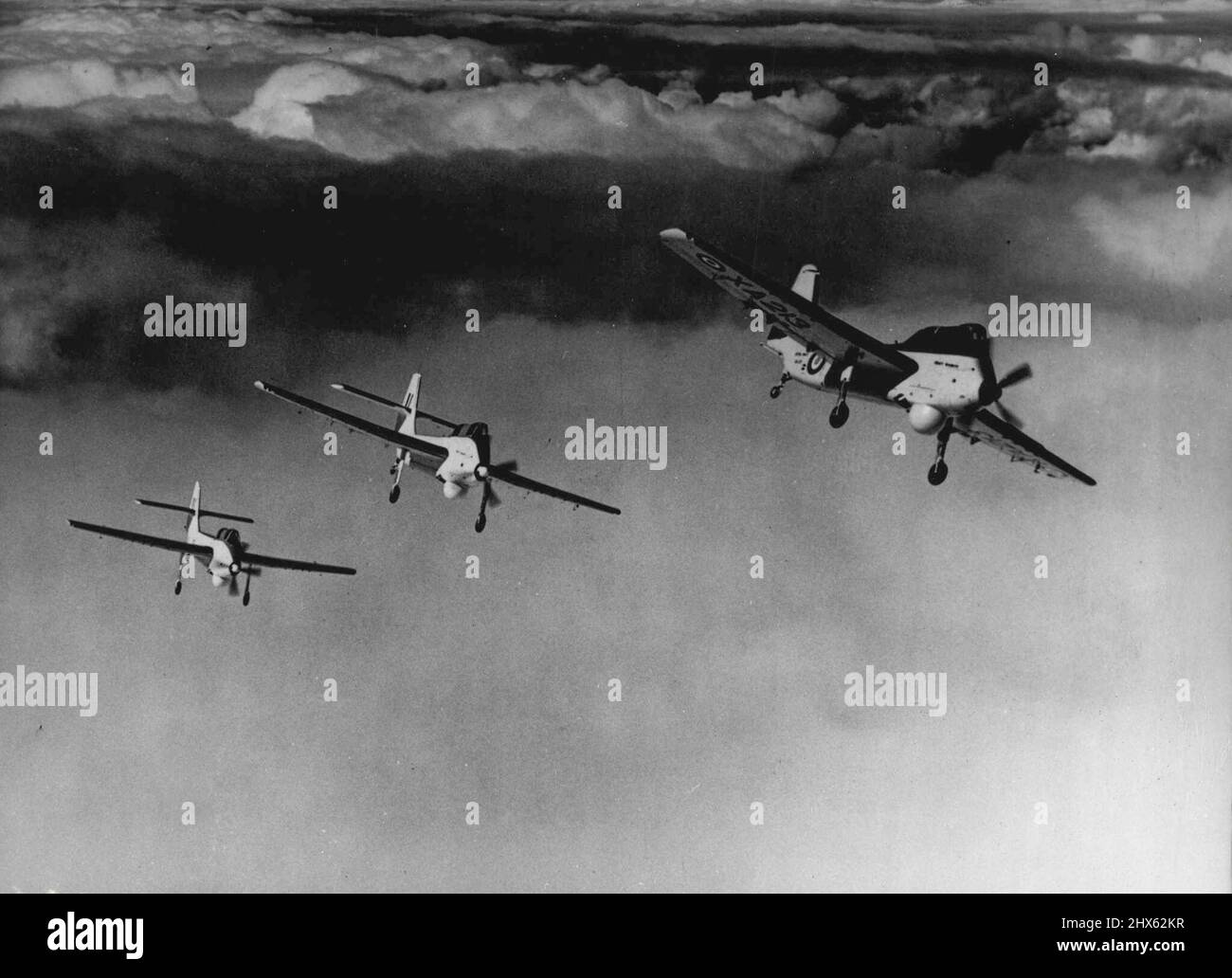 Sub. Seekers - Small, but deadly, anti-submarine planes are these Short Seamew aircraft, pictured in formation. The first Coastal Command unit to be equipped with the new planes will be forming in January 1956. The Seamew, powered by an Armstrong Siddeley Mamba turbo-prop engine, carries a crew of two and can operate from make shift runways, such as golf courses and beaches, and all types of carrier ships, including converted merchanrmen. It is simple, light, robust and easy to handle and mainta Stock Photo