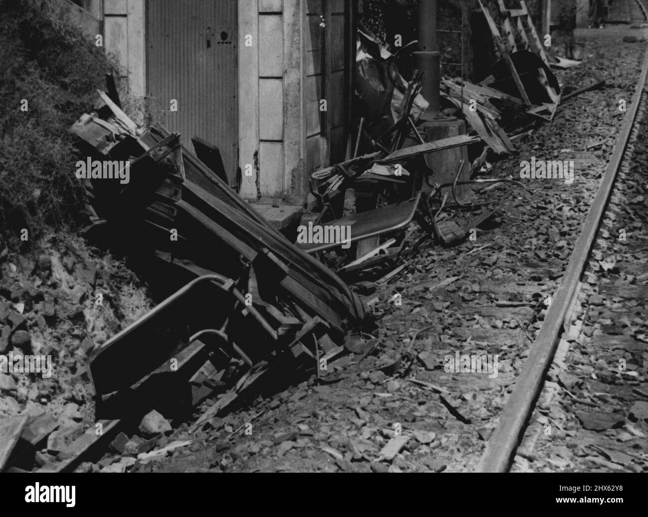 Tragic Level - crossing smash at Hawkesbury River, NSW. portion of the bodywork of the bus which was struck by the Kempsey mail train at Hawkesbury River Station, NSW, on January 20, was found more than 200 yards from the scene of the accident in which 16 bus passengers were killed. January 25, 1944. (Photo by Associated Newspapers Ltd.). Stock Photo