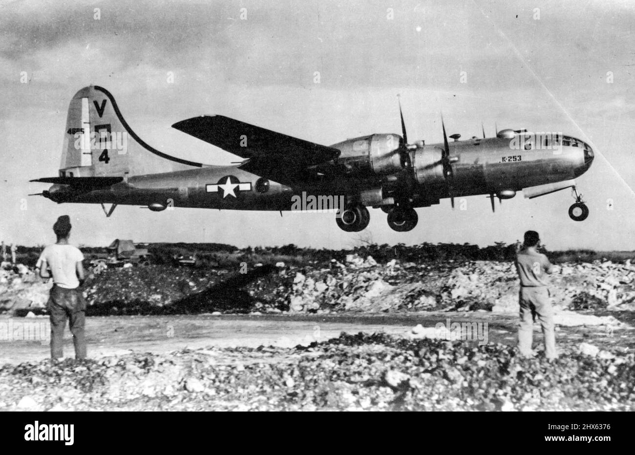 Taking Off For Tokyo A Tokyo-bound Superfortress takes off from a base in Saipan, central Pacific. December 21, 1944. (Photo by Planet). Stock Photo