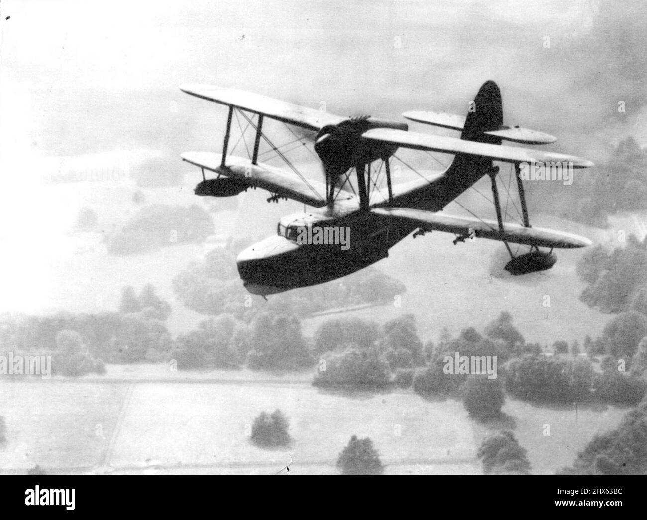 New British Amphibian Biplane Sea Otter Mark I. The Sea Otter I in flight. The Vickers Armstrong Supermarine Sea Otter Mark I is a single-engined amphibian biplane designed for naval spotting, reconnaissance and general-purpose duties. It is also engaged on Air/Sea Rescue. It has catapult equipment, and is powered with a Bristol Mercury 30 engine of 870 m.h.p., driving a ***** three-blade variable pitch constant speed propeller. The main planes are made to fold and the land under-carriage is ret Stock Photo